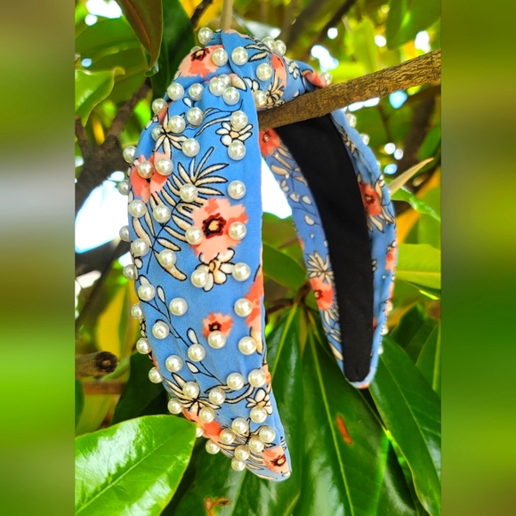 Spring Floral Cornflower Blue Headband with Embellished Pearls - Picture 2 of 3